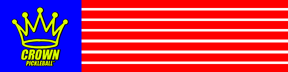 Flag with blue field, yellow crown logo, red stripes, and white stripes.