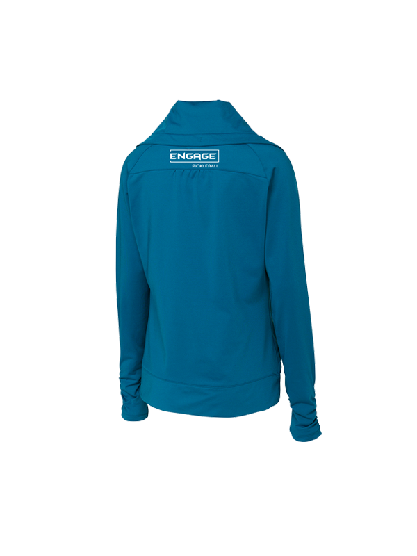 Teal Women's Valor full-zip jacket by EngagePickleball, back view, with white logo on upper back.