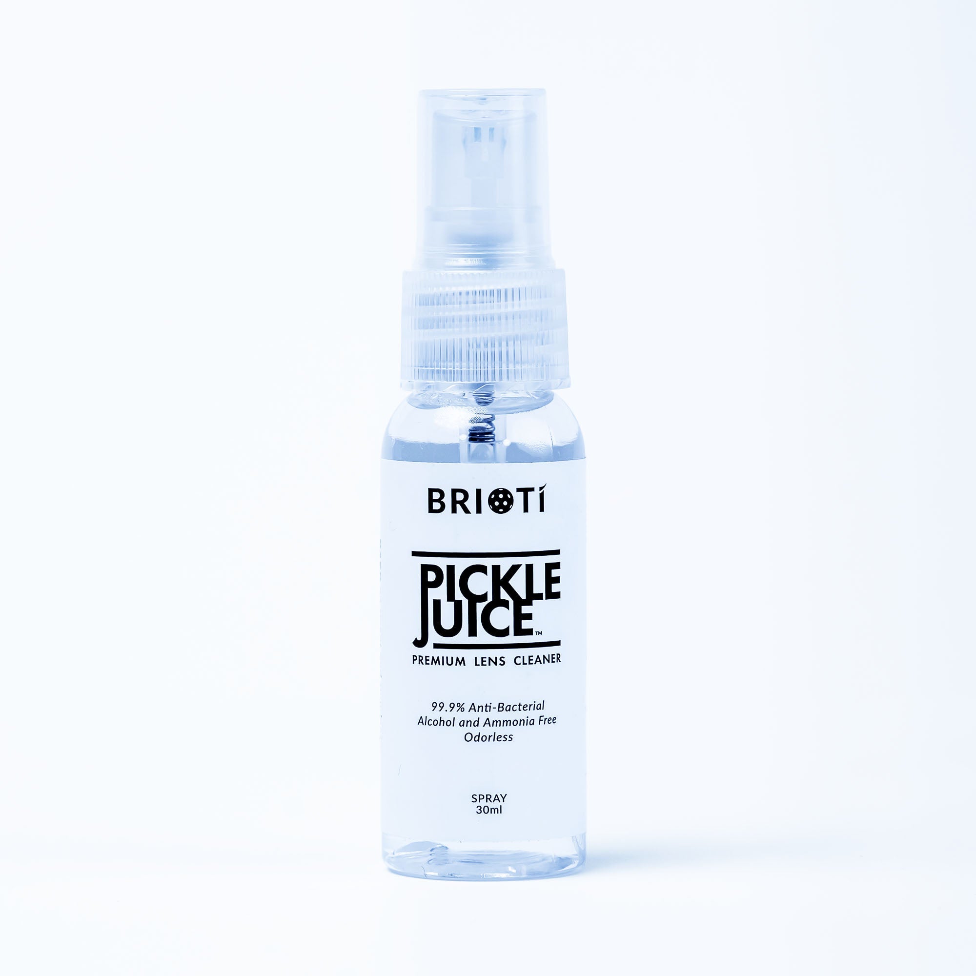 Clear spray bottle of "Pickle Juice" lens cleaner.