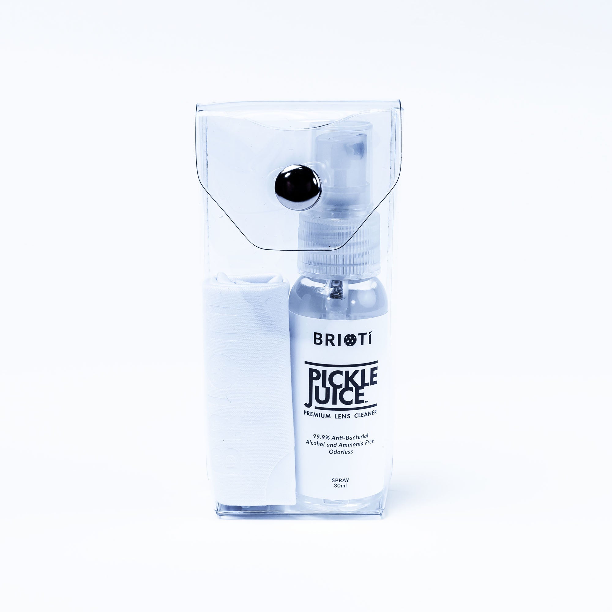 Lens cleaner spray and cleaning cloth in a clear carrying case with a snap closure.