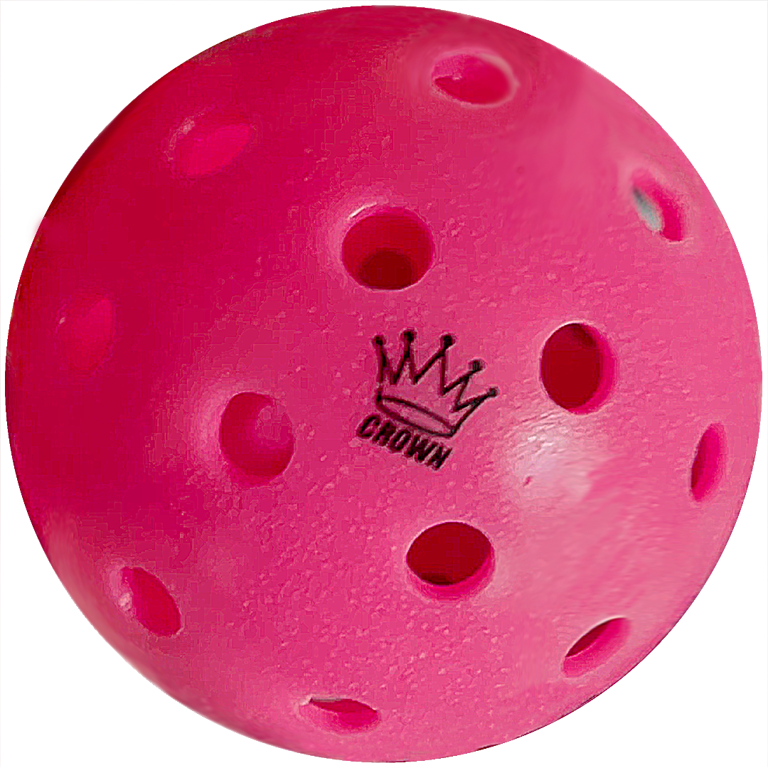 Pink pickleball with holes and "CROWN" logo.