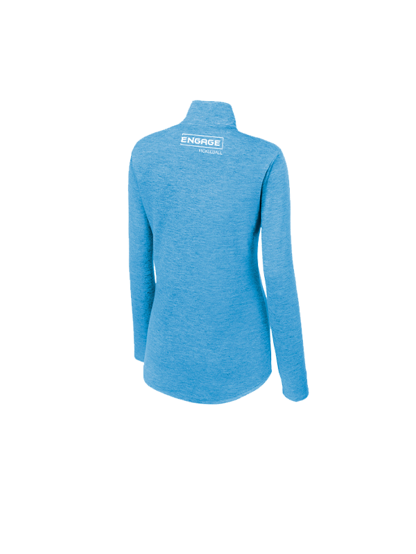Light blue marl Women's Valor 1/4-Zip Pullover by EngagePickleball, with a white "ENGAGE PICKLEBALL" logo on the upper back, shown from behind.