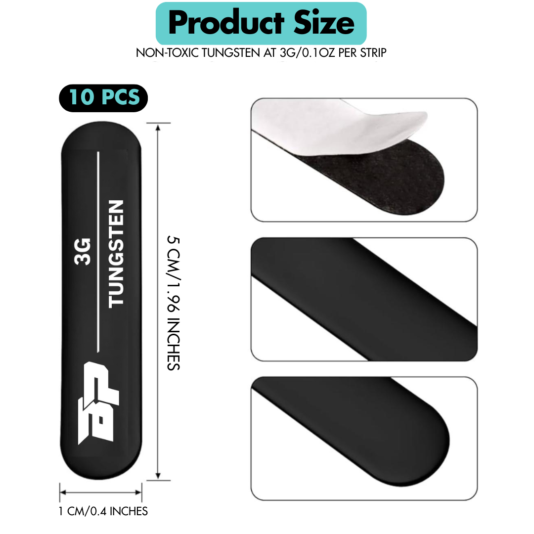 Black tungsten weight strips for balancing equipment.