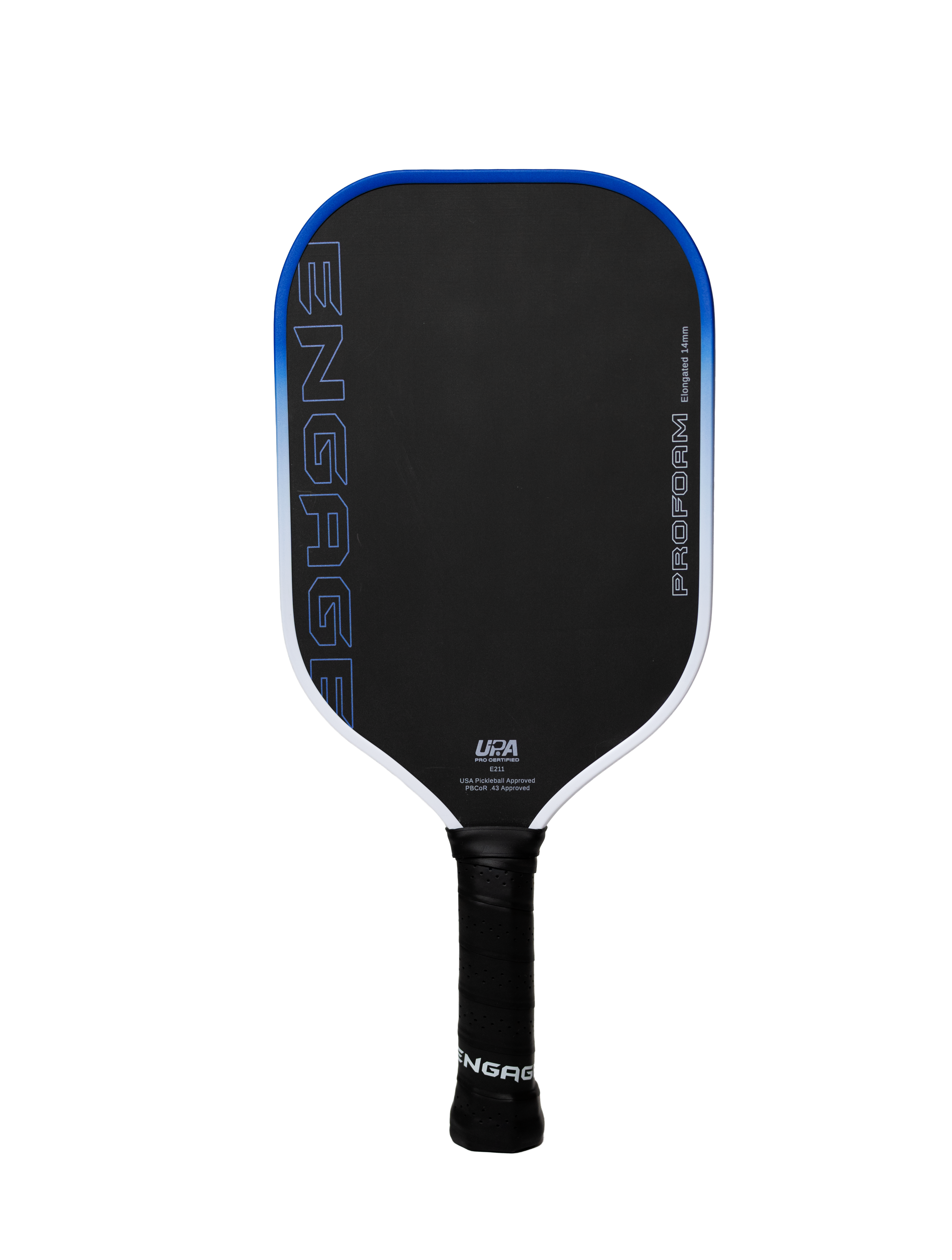 Black pickleball paddle with blue and white accents by EngagePickleball, featuring "PROFORM" text and a black perforated grip.