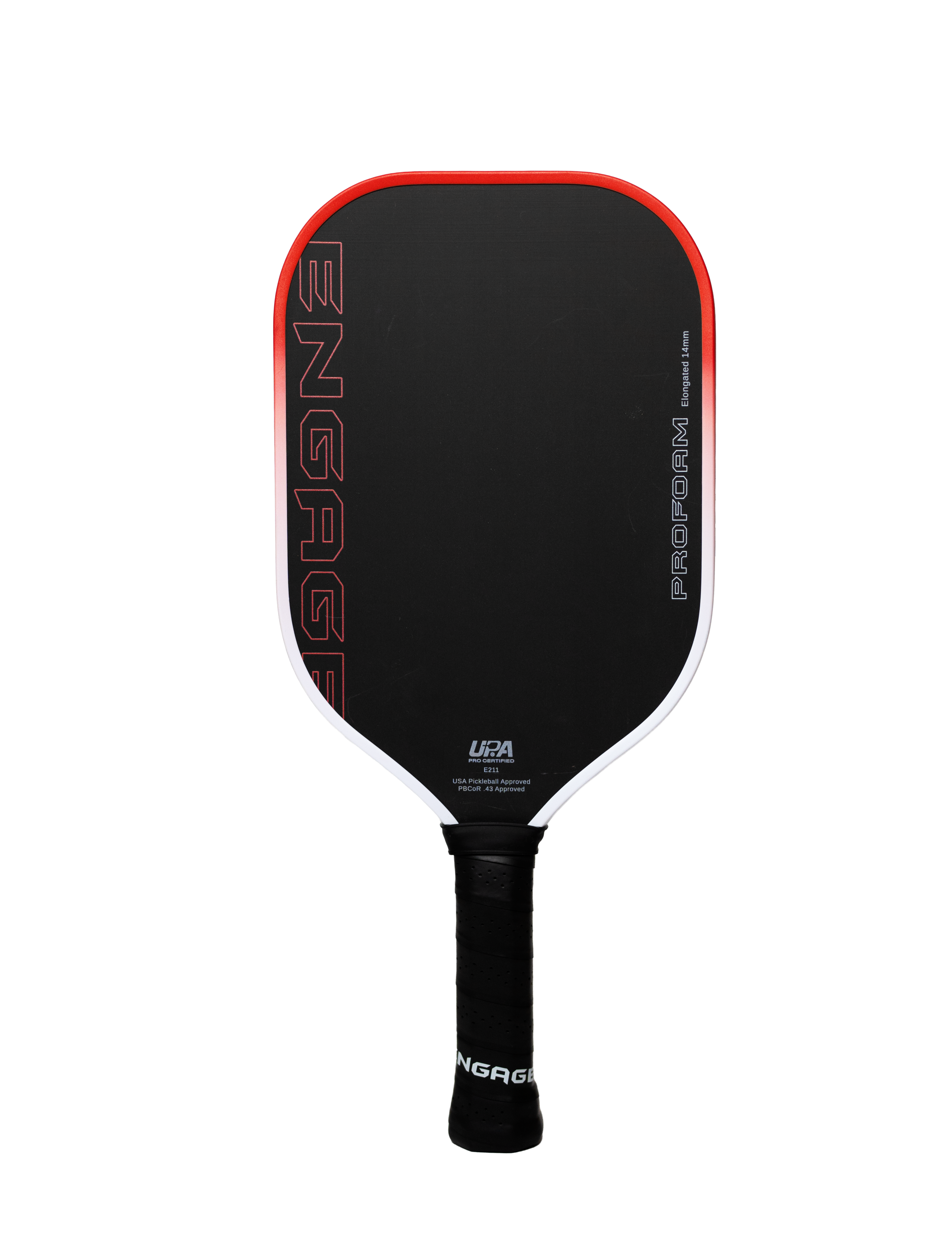 Elongated black and red pickleball paddle by EngagePickleball, with "PROFORM" in white and "ENGAGE" in red outline, black handle.