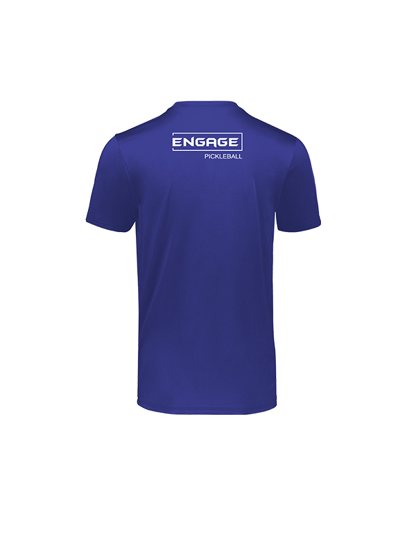 Men's royal blue t-shirt by EngagePickleball, featuring a white logo on the upper back.
