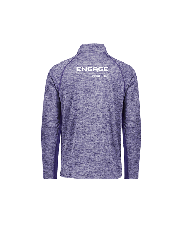 Men's purple heathered 1/2 zip pullover by EngagePickleball, back view with white 'ENGAGE PICKLEBALL' logo and darker side panels.