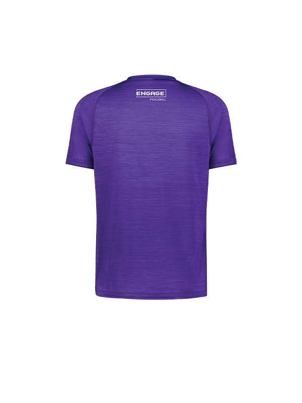 Men's purple athletic tee by EngagePickleball, back view, with white logo on the upper back and subtle heathered texture.