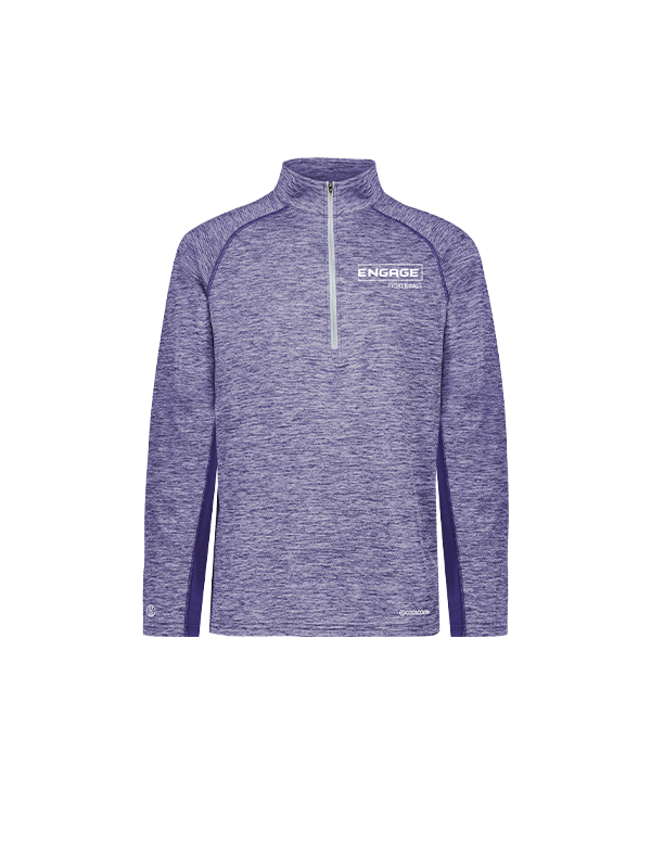 Purple marl men's 1/2 zip pullover by EngagePickleball with darker side panels, a white chest logo, and silver zipper.