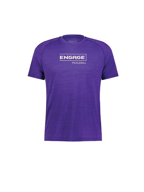 Men's purple heathered t-shirt by EngagePickleball, featuring a white "ENGAGE PICKLEBALL" logo and an "ECOREVIVE" neck label.