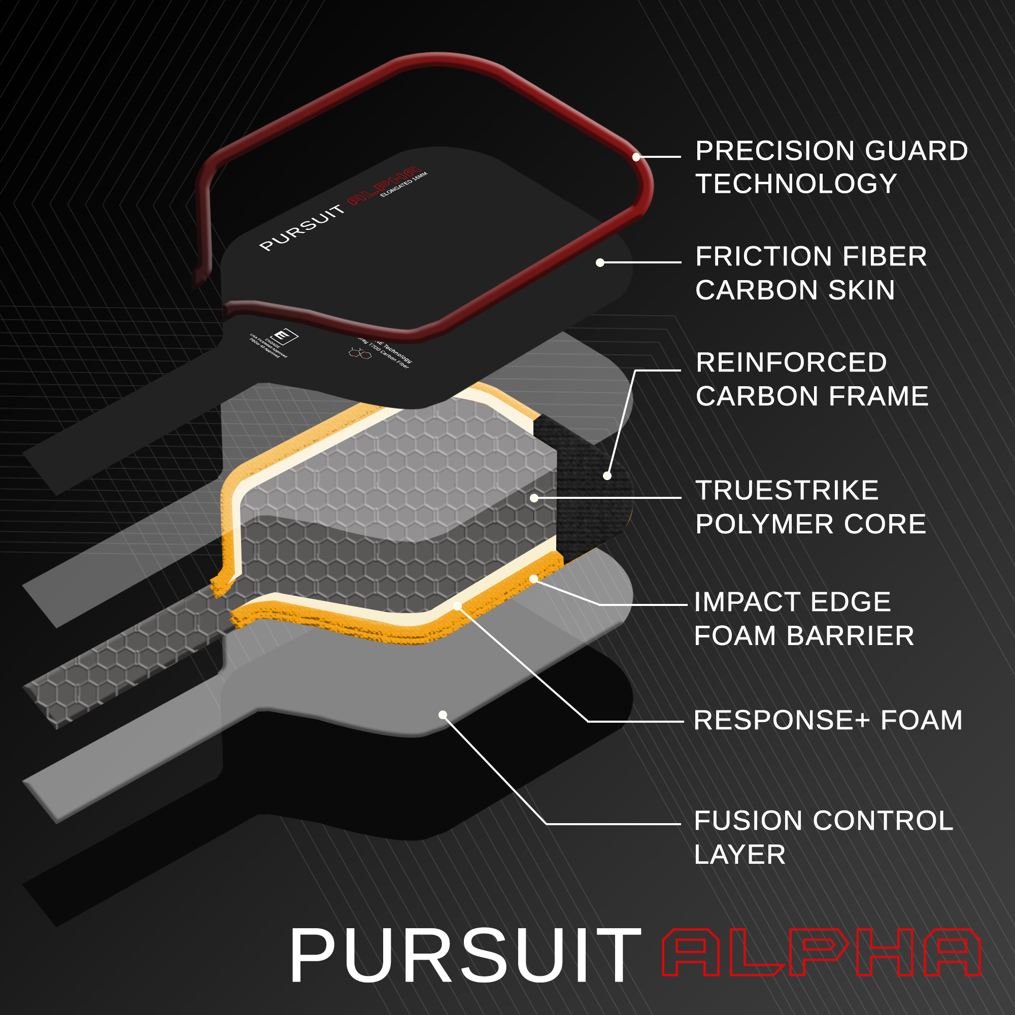 Thermoformed control and spin pickleball paddle by EngagePickleball with a cutaway view revealing its layered internal structure and technology labels.