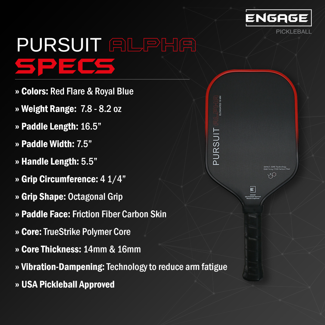 An elongated black pickleball paddle with red trim by EngagePickleball, featuring 'PURSUIT ALPHA' text and a carbon fiber face texture.