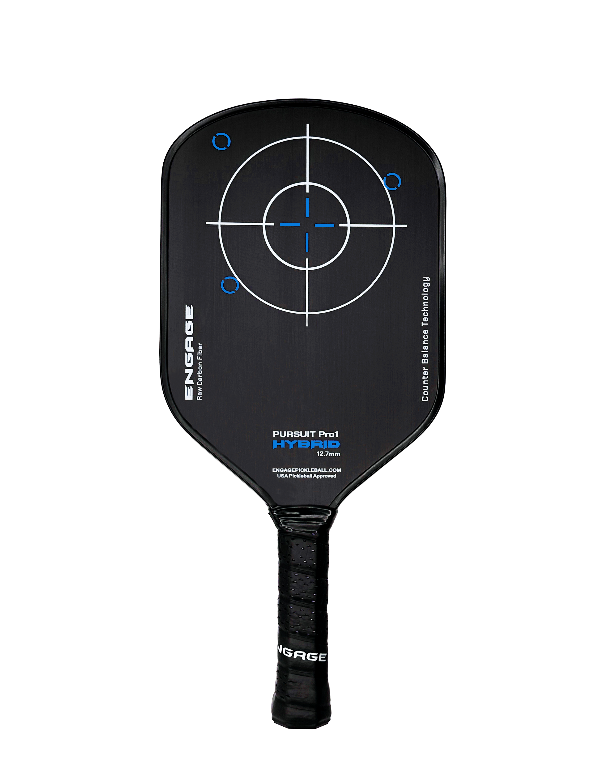 Black raw carbon fiber paddle by EngagePickleball with a white target graphic, blue crosshair, and semi-circles, featuring a black grip.