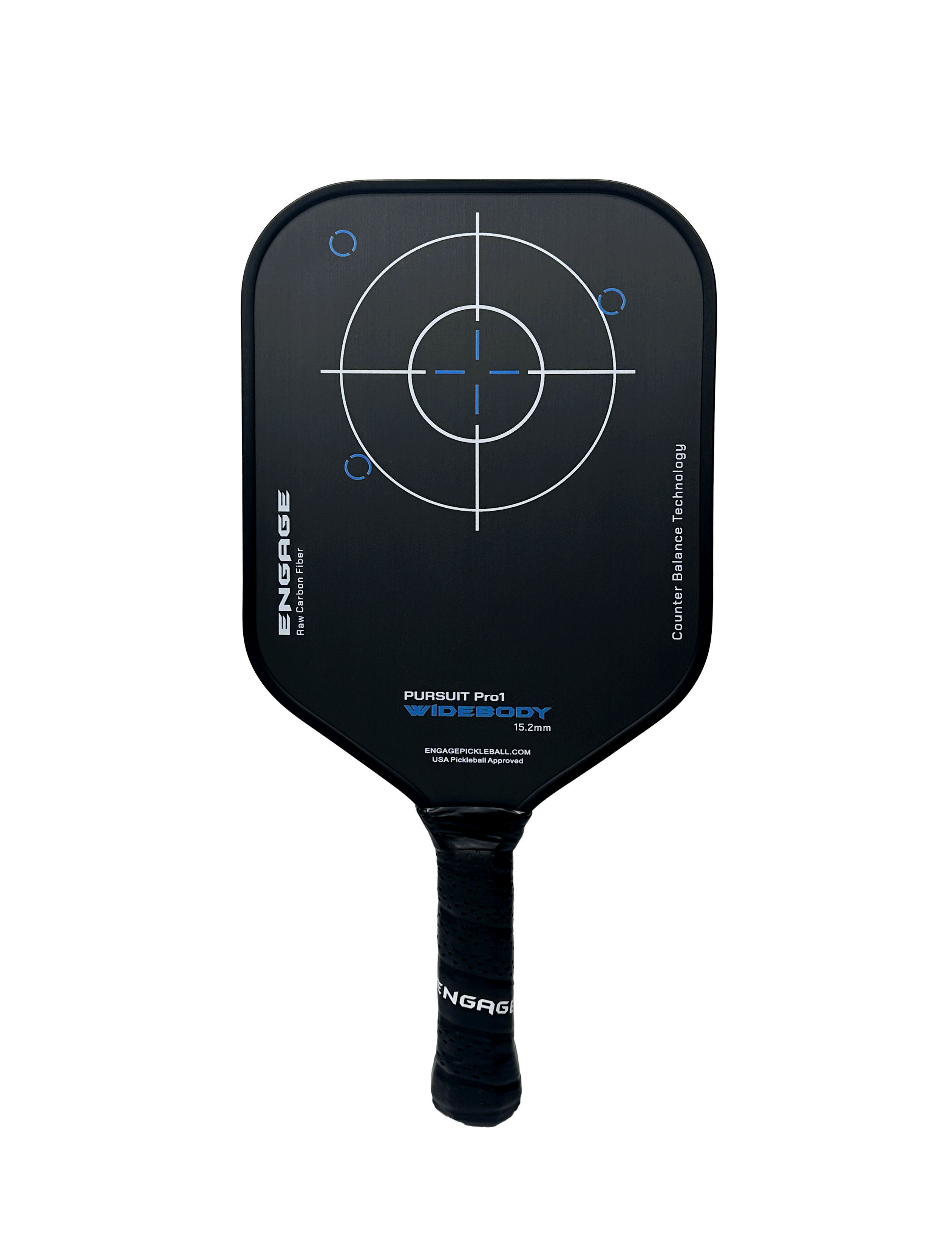 Black raw carbon fiber pickleball paddle by EngagePickleball with white and blue target graphics and product text.