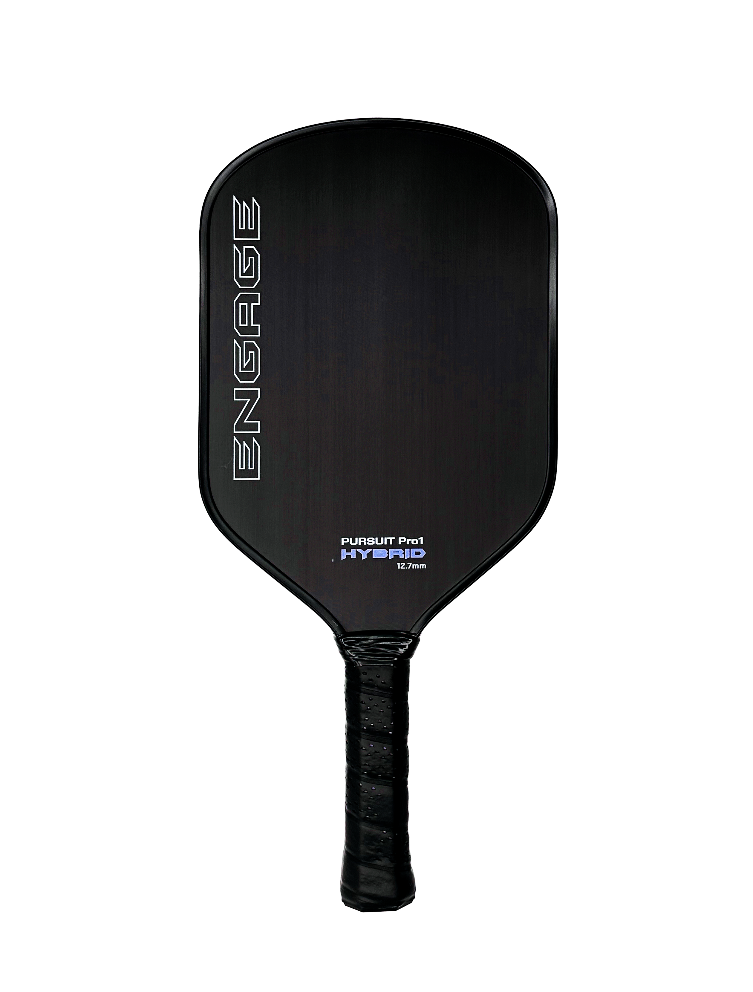 Black raw carbon fiber pickleball paddle by EngagePickleball, with white "ENGAGE" logo, blue "Pursuit Pro1 Hybrid 12.7mm" text, and a black textured grip.