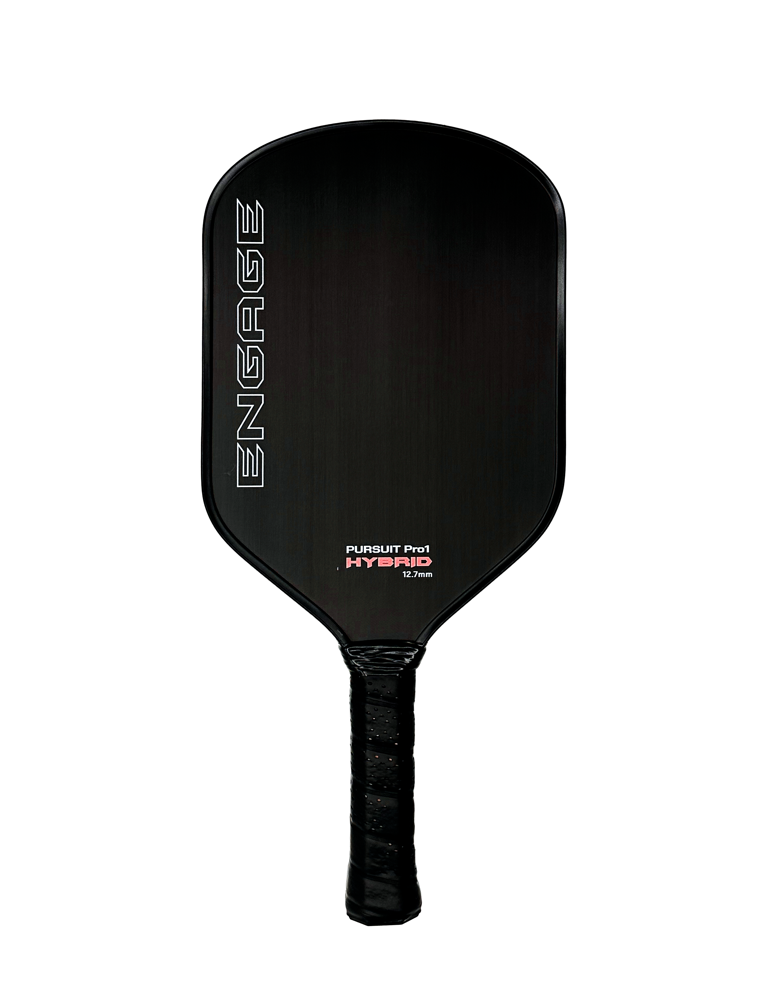 Black raw carbon fiber paddle by EngagePickleball, with white outline 'ENGAGE' logo, light 'PURSUIT Pro1 12.7mm' text, pink 'HYBRID' text, and a textured black grip.