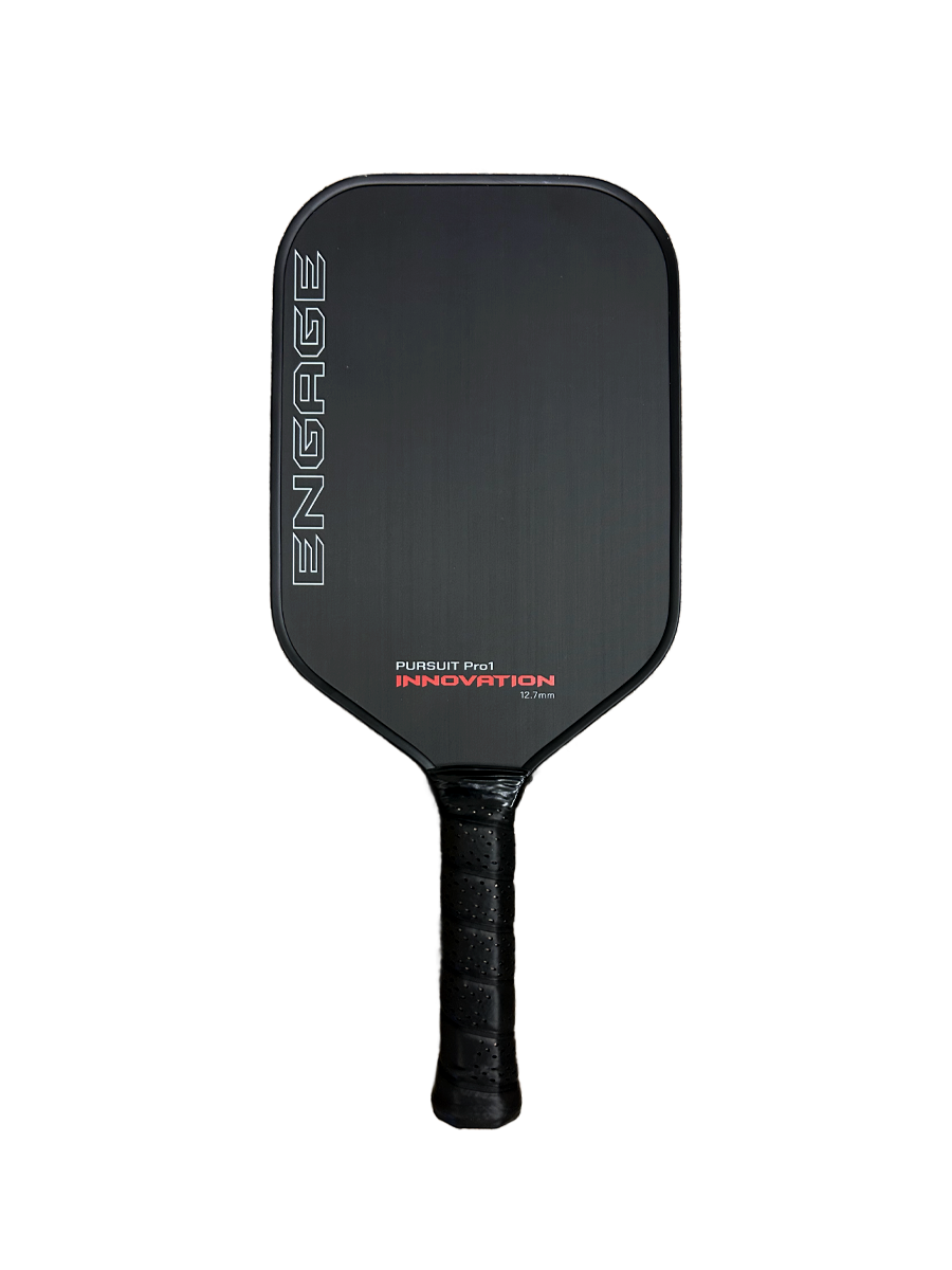 Black pickleball paddle by EngagePickleball, with a vertical "ENGAGE" logo and "PURSUIT Pro1 INNOVATION 12.7mm" text above a textured black grip.