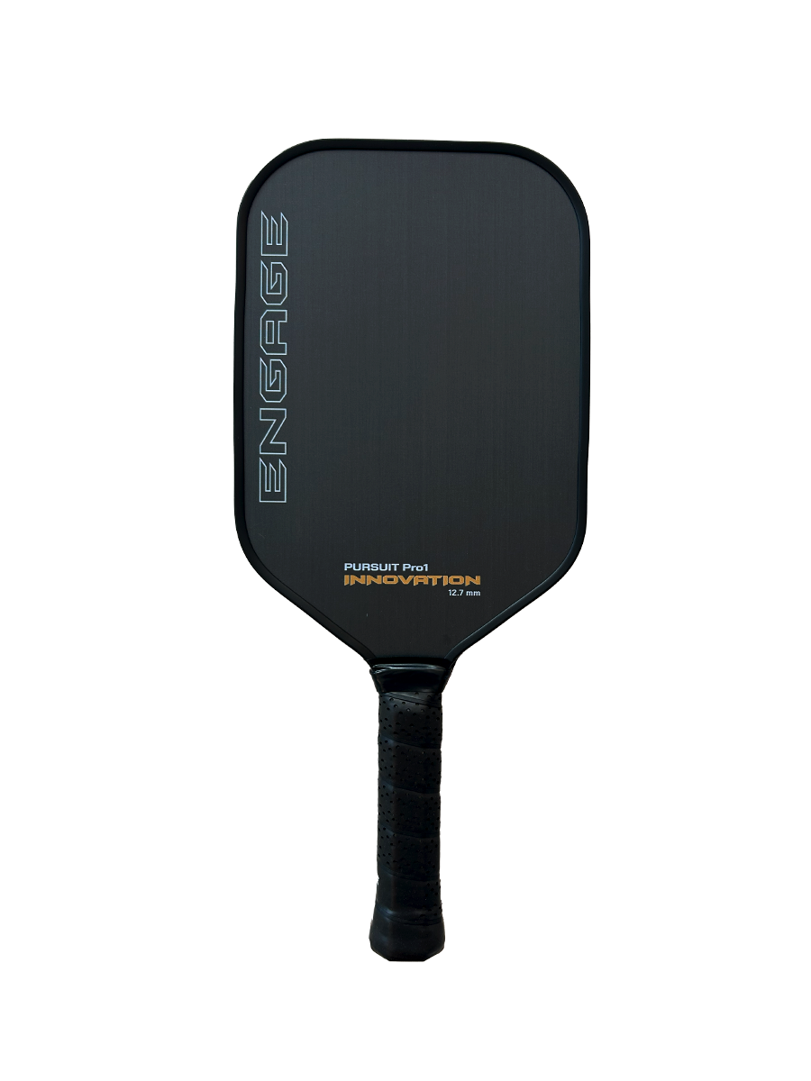 Black paddle by EngagePickleball featuring white outline 'ENGAGE' text, orange 'Pursuit Pro1 Innovation 12.7mm' label, and a black textured grip.