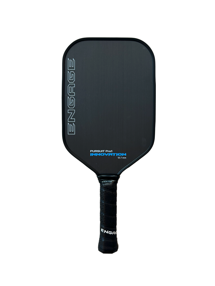 A black pickleball paddle by EngagePickleball, with 'ENGAGE' branding on the side and grip, and blue text 'PURSUIT Pro1 INNOVATION 12.7 mm'.