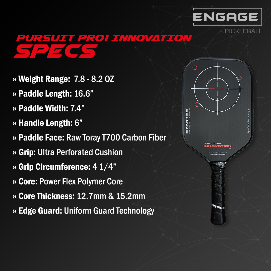 Black carbon fiber pickleball paddle by Engage Pickleball, featuring a target graphic and detailed product specifications.
