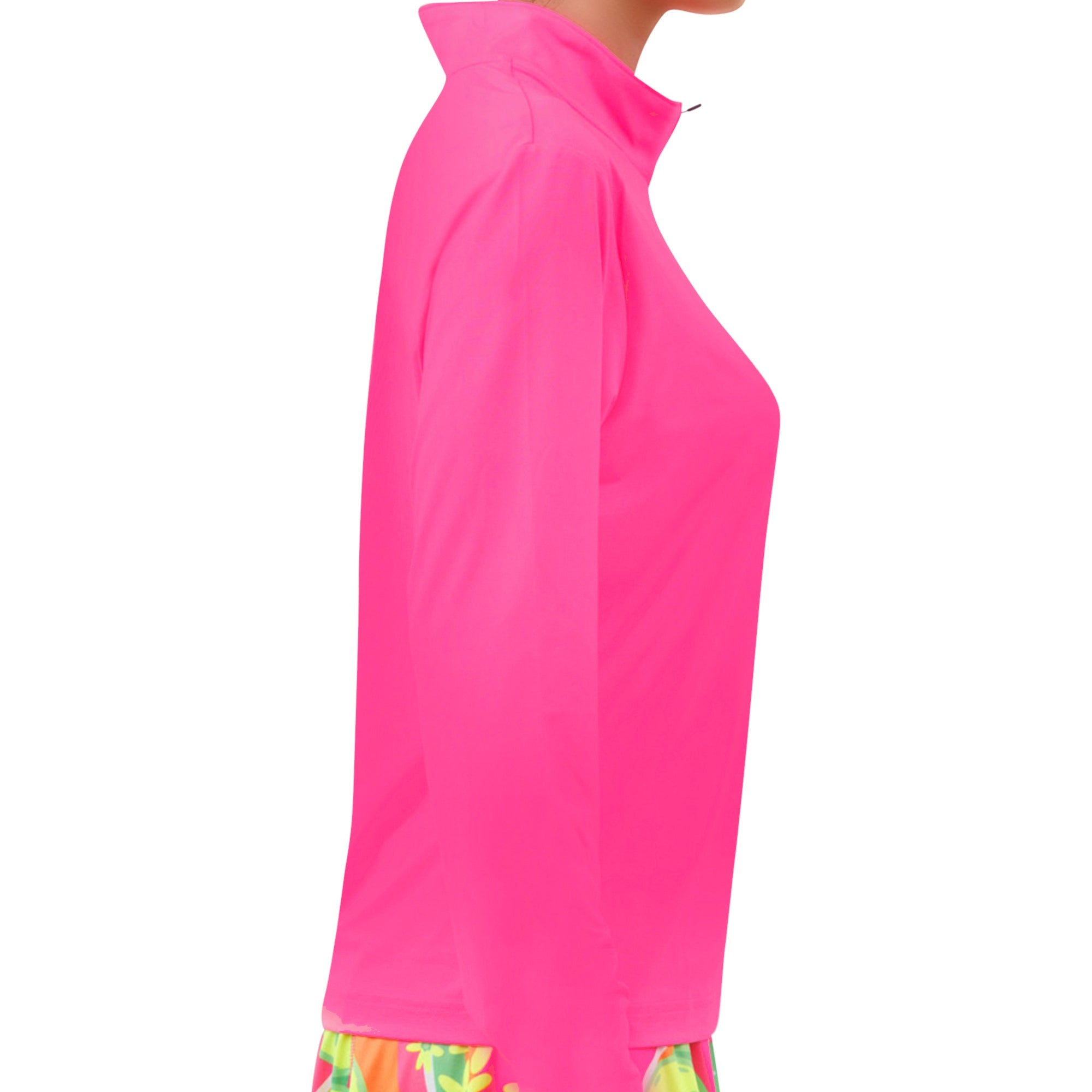 Hot Pink 1/4 Zip Long Sleeve Pullover by Pickleball Bella, side view, with a high collar and small neck zipper.