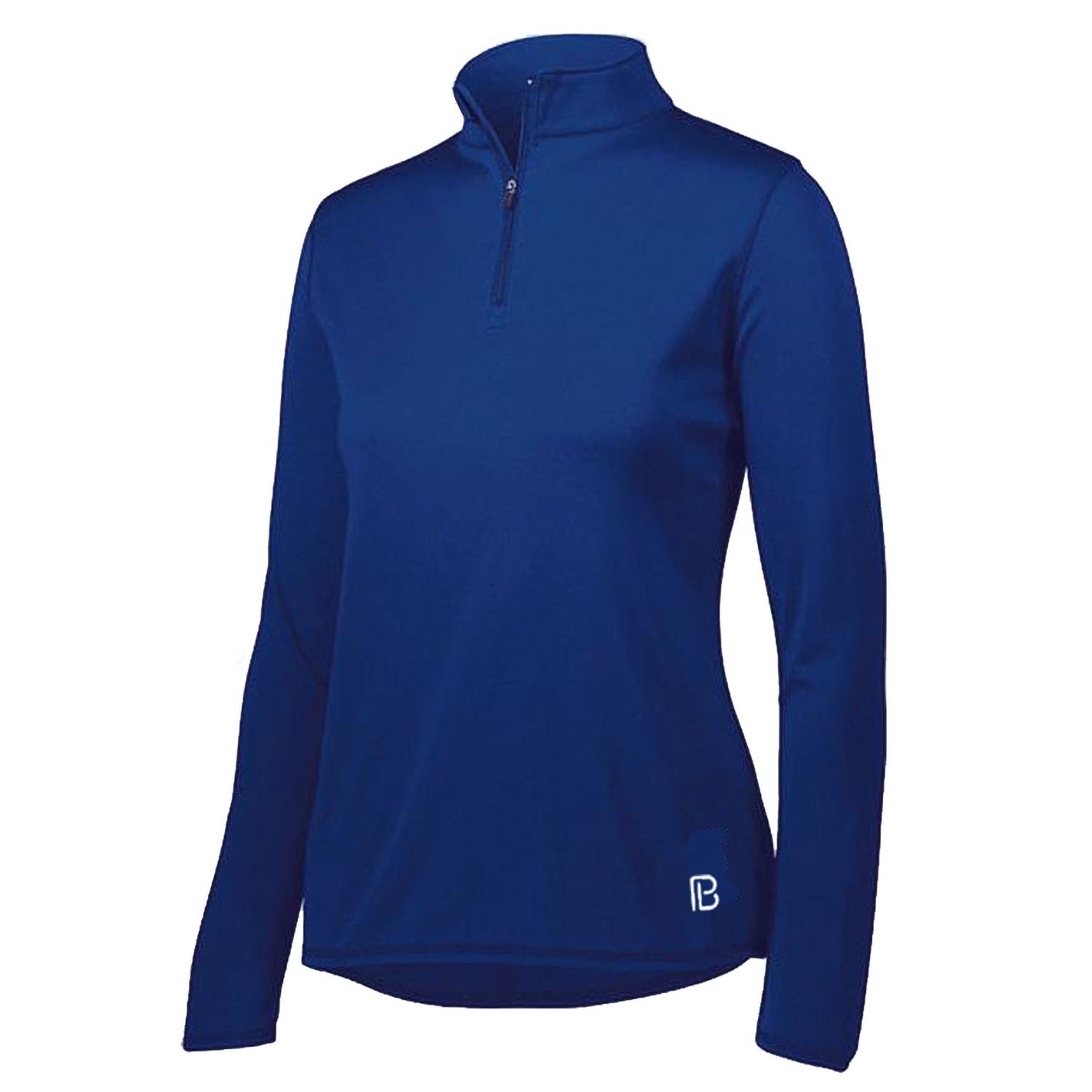 Navy long sleeve 1/4 zip pullover by Pickleball Bella, featuring a stand-up collar and white B logo.
