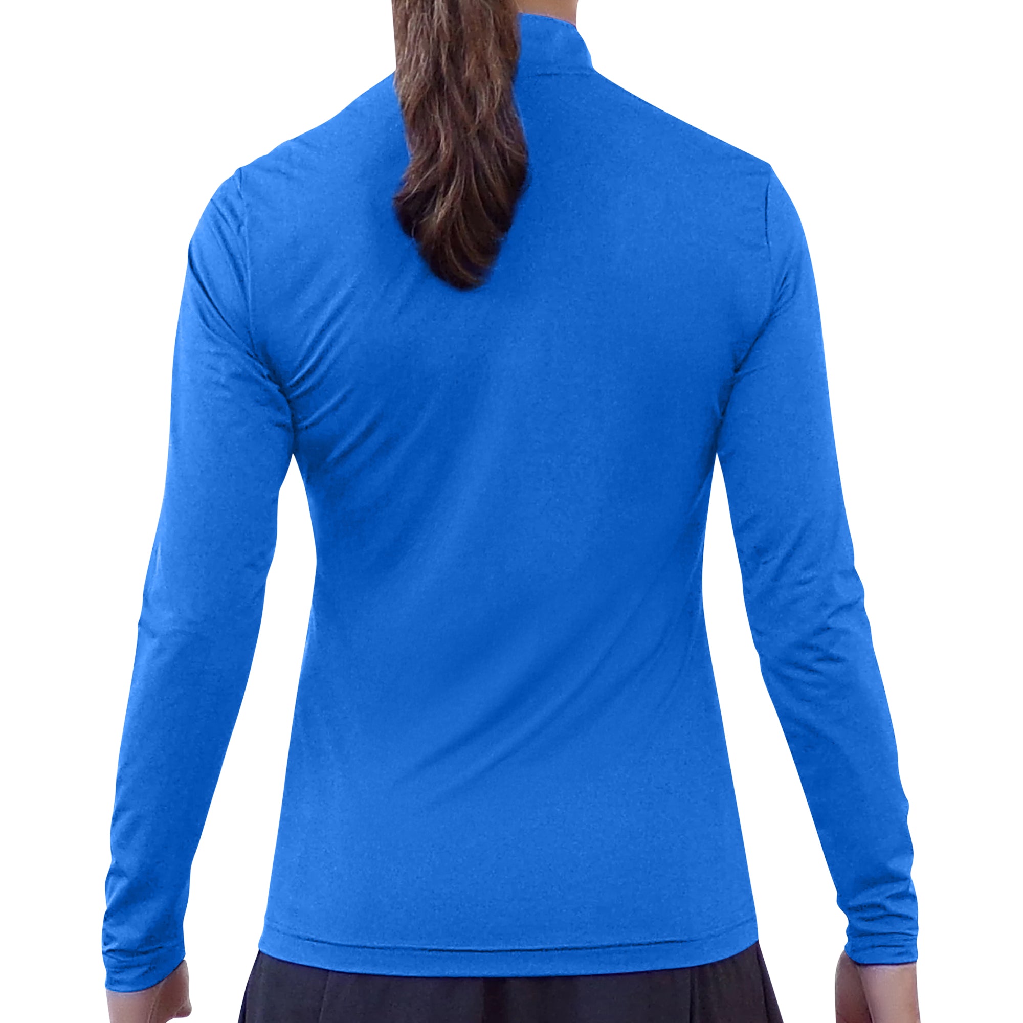 Royal blue long sleeve 1/4 zip pullover by Pickleball Bella, featuring a mock neck, back view.