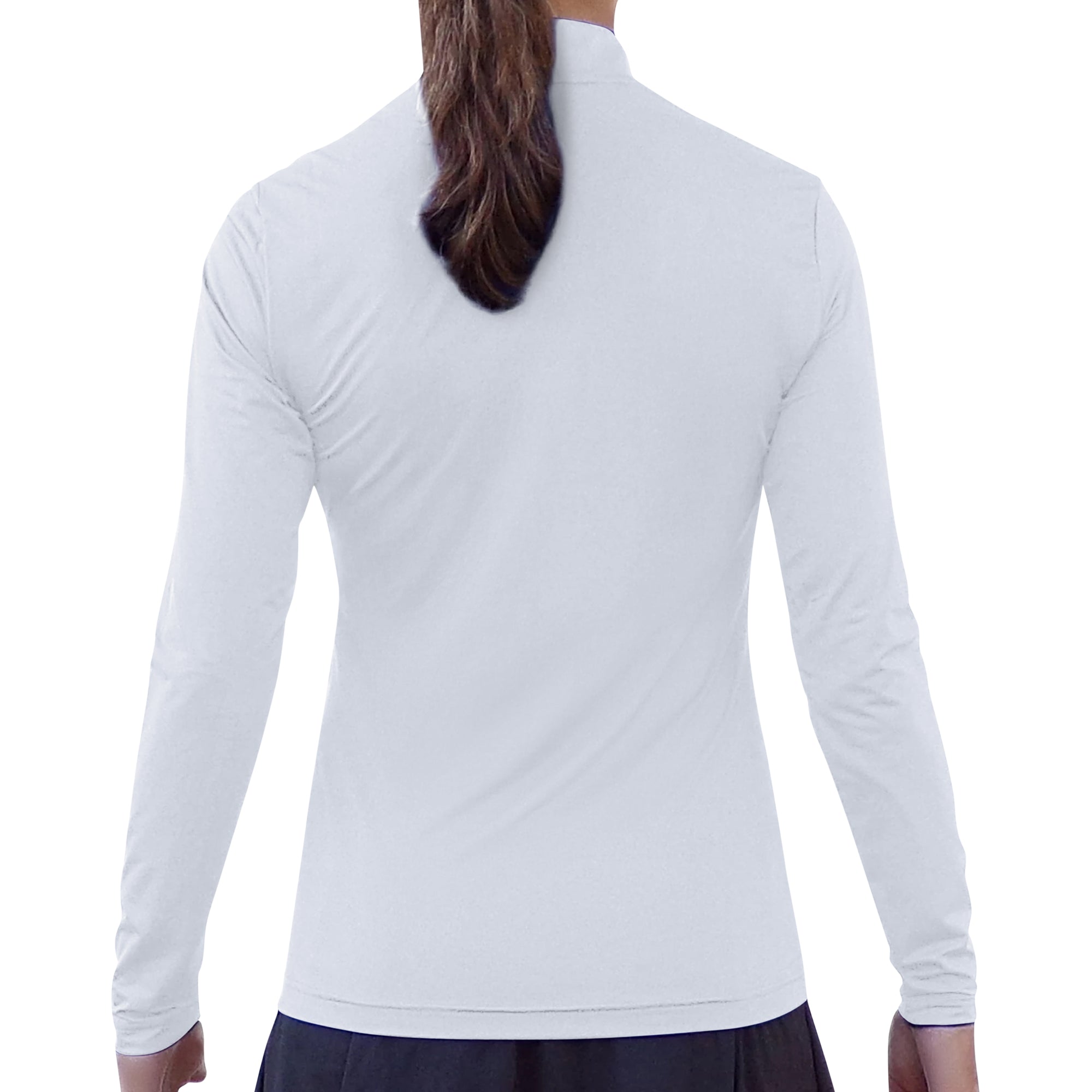 White long sleeve 1/4 zip pullover by Pickleball Bella with a mock neck, shown from the back, worn over a dark skirt.