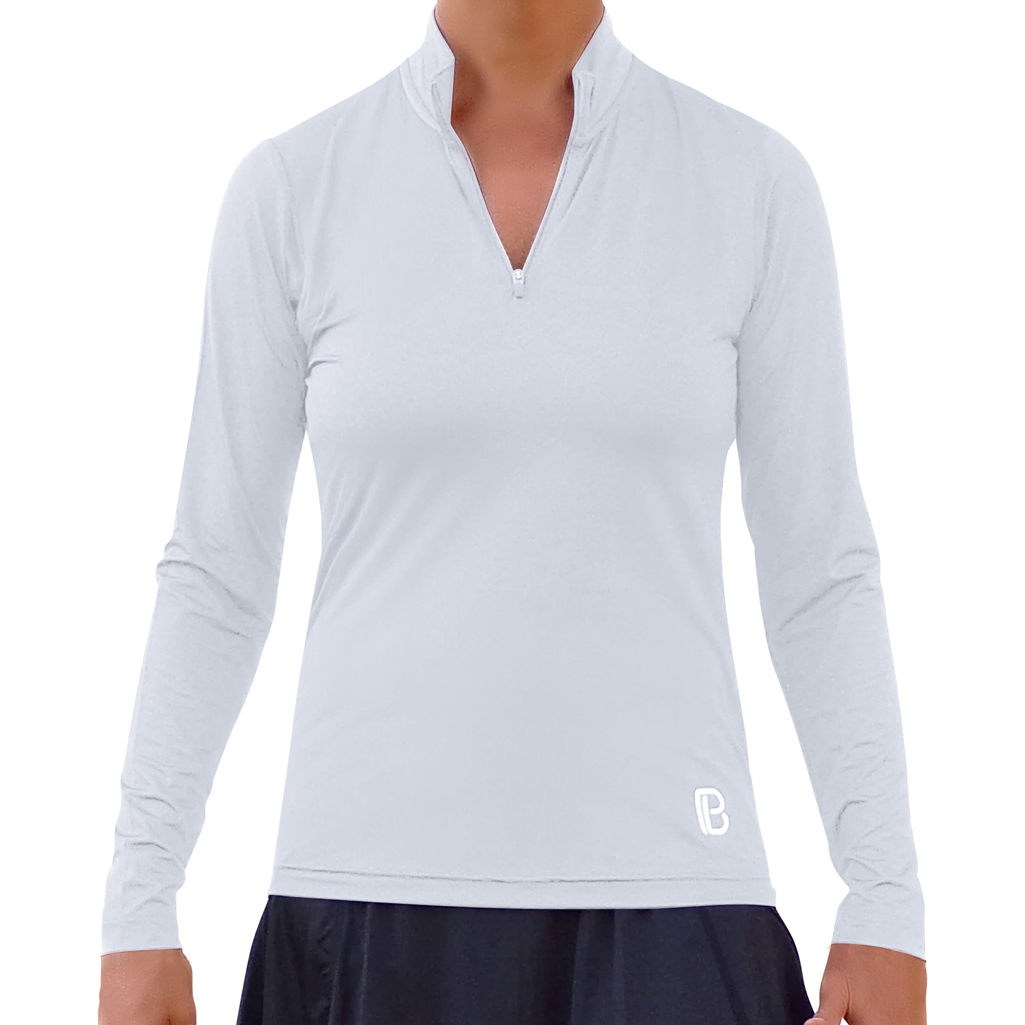 White 1/4 zip long sleeve pullover by Pickleball Bella, featuring a stand-up collar and subtle 'B' logo, worn over a black skirt.