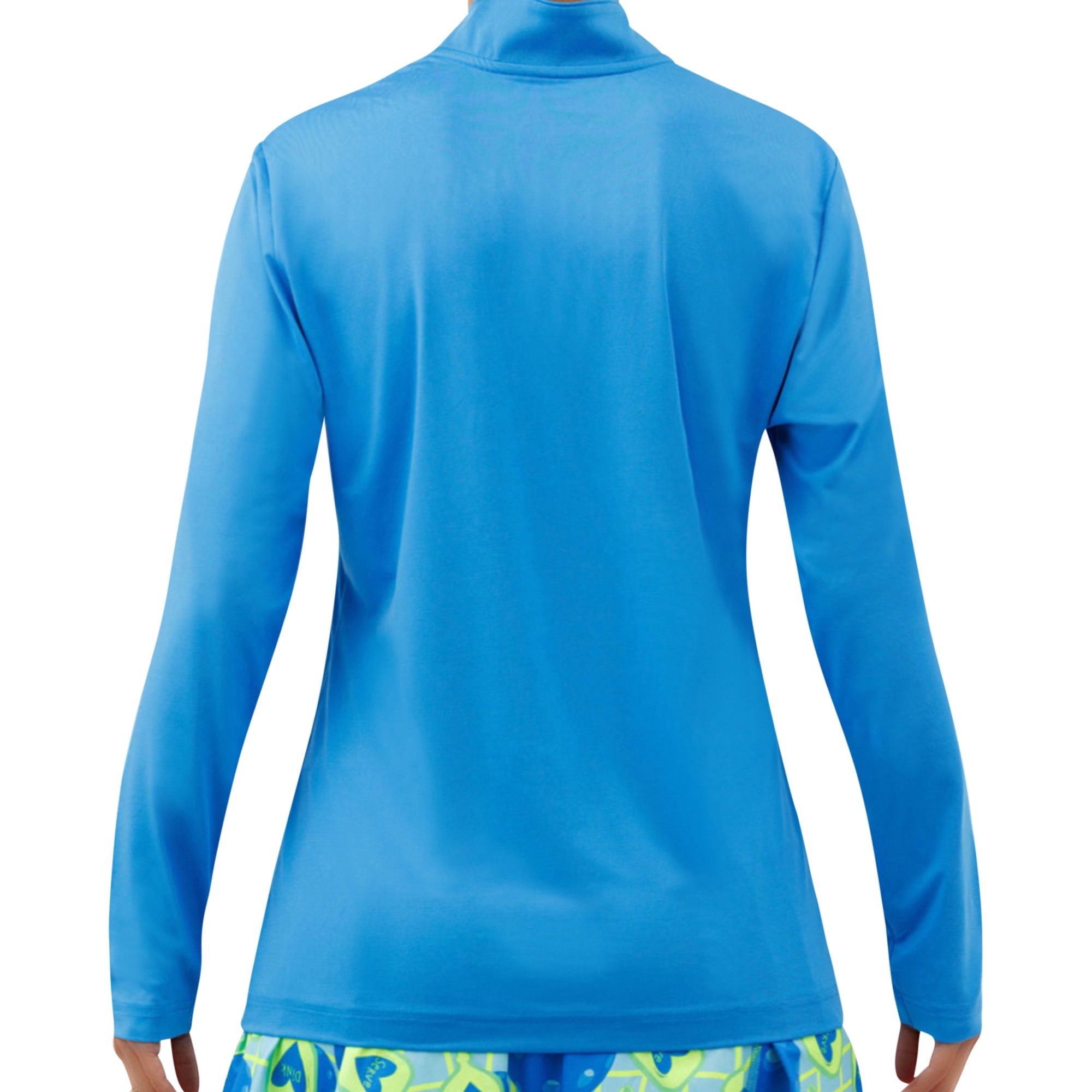 Electric Blue 1/4 Zip Long Sleeve Pullover by Pickleball Bella, shown from the back over a patterned skirt.