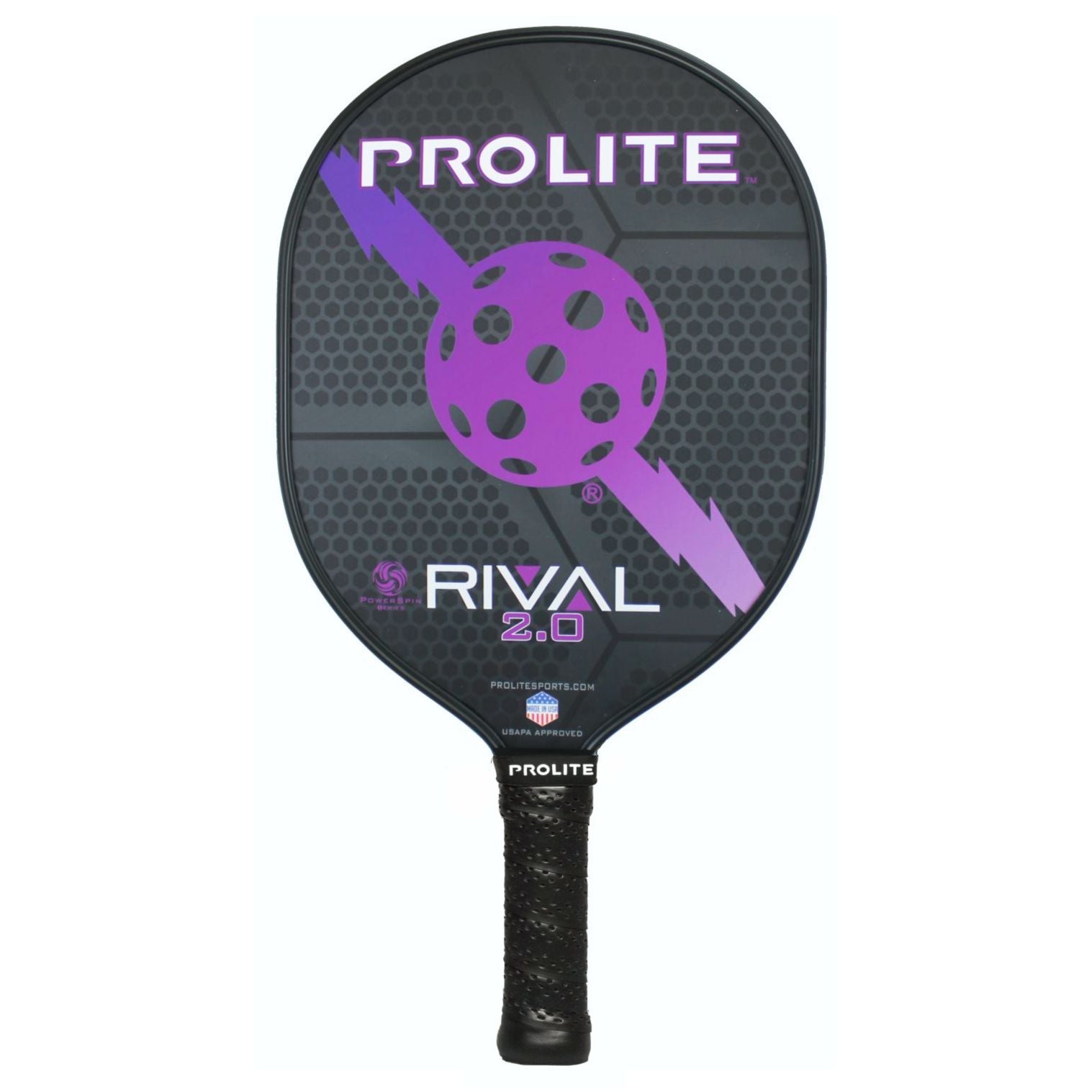 Black pickleball paddle with purple accents.