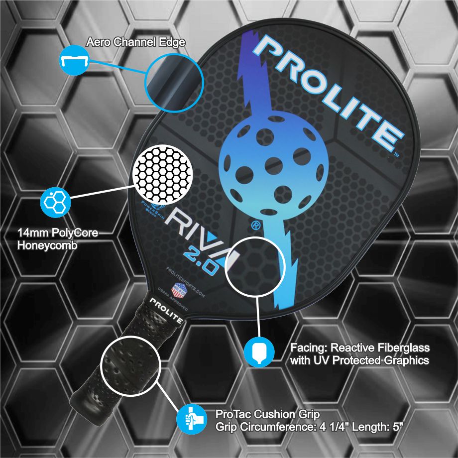 Close-up of a black pickleball paddle featuring a blue arrow and ball design, highlighting its honeycomb core, fiberglass facing, cushioned grip, and aero channel edge.