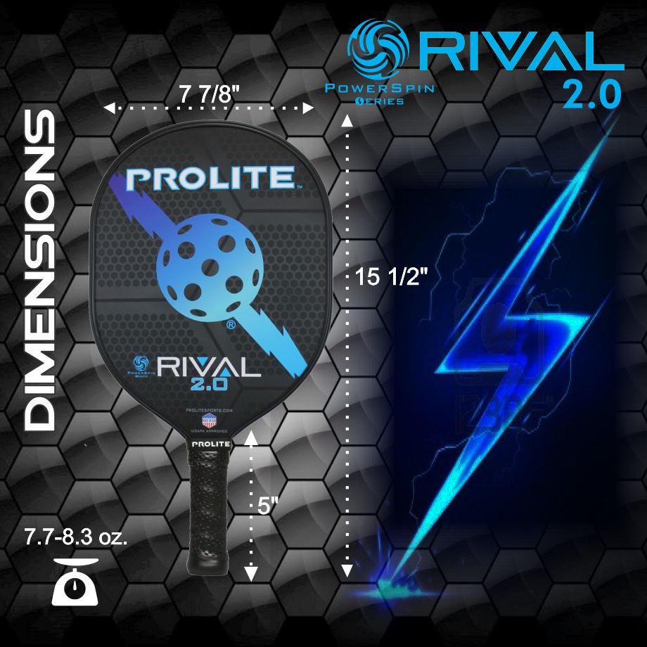 Pickleball paddle with blue Prolite design and dimension specifications.