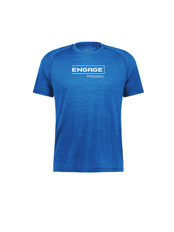 Men's blue heathered performance tee by EngagePickleball, featuring an 'ENGAGE PICKLEBALL' logo on the chest.
