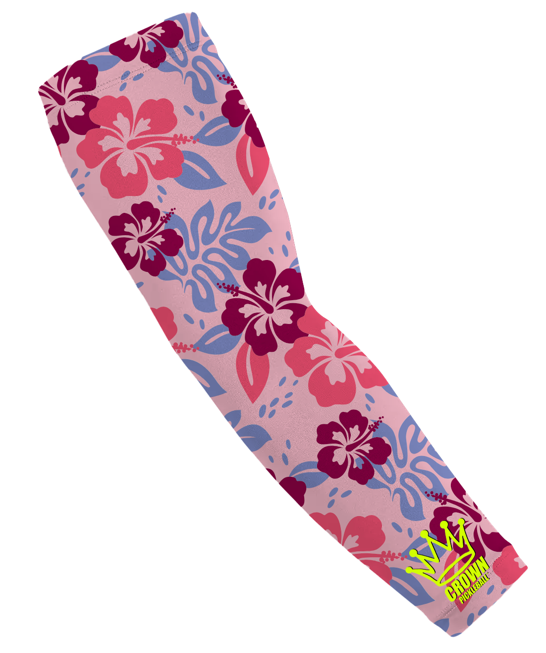 Floral pink and purple compression arm sleeve with yellow "Crown Pickleball" logo.
