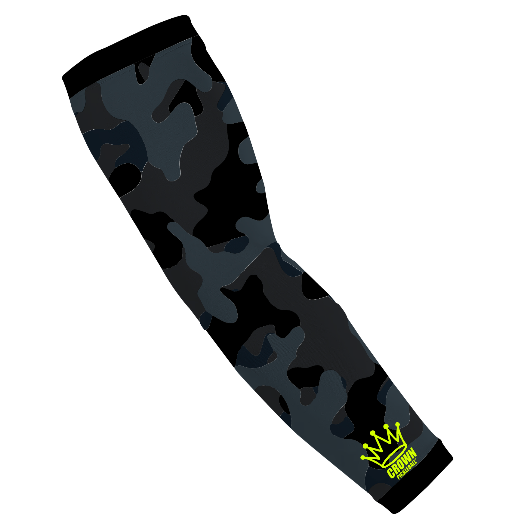 Camouflage compression arm sleeve with a yellow crown logo.