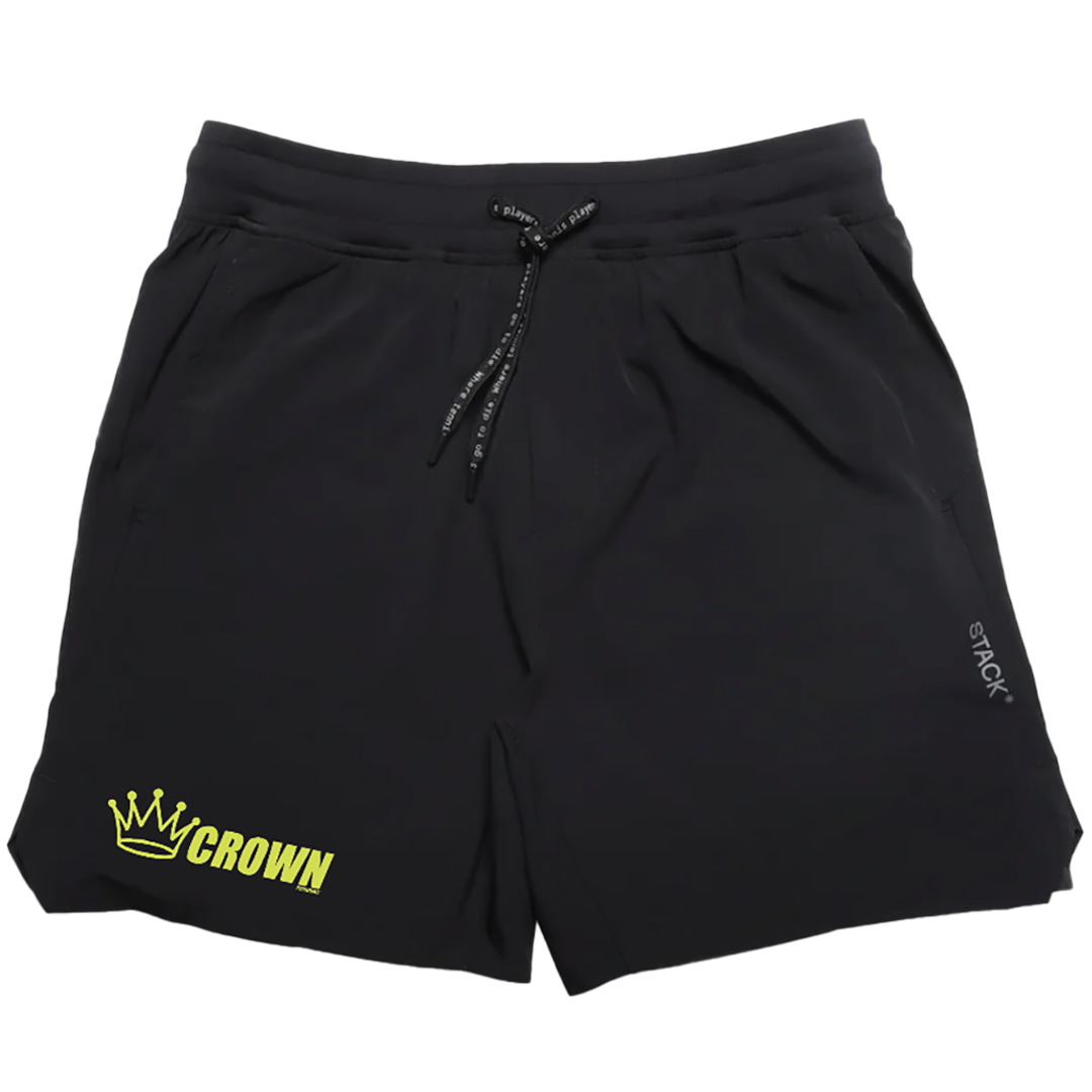 Black shorts with yellow crown logo and "STACK" branding.
