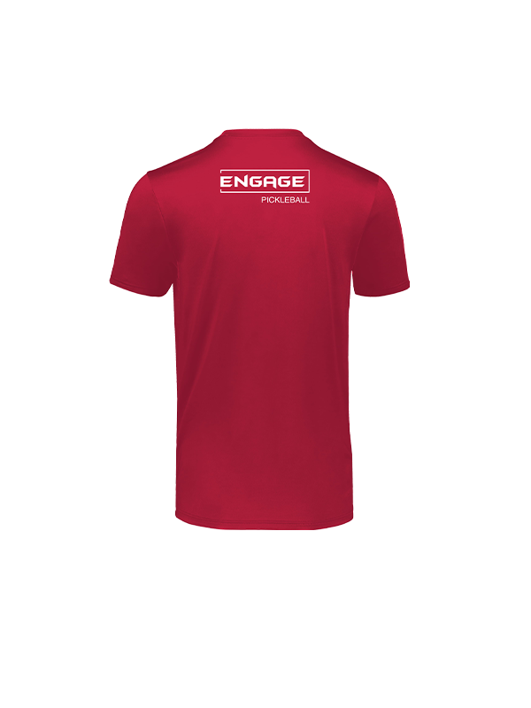 Men's red performance tee by EngagePickleball, shown from the back with a white 'ENGAGE PICKLEBALL' logo.
