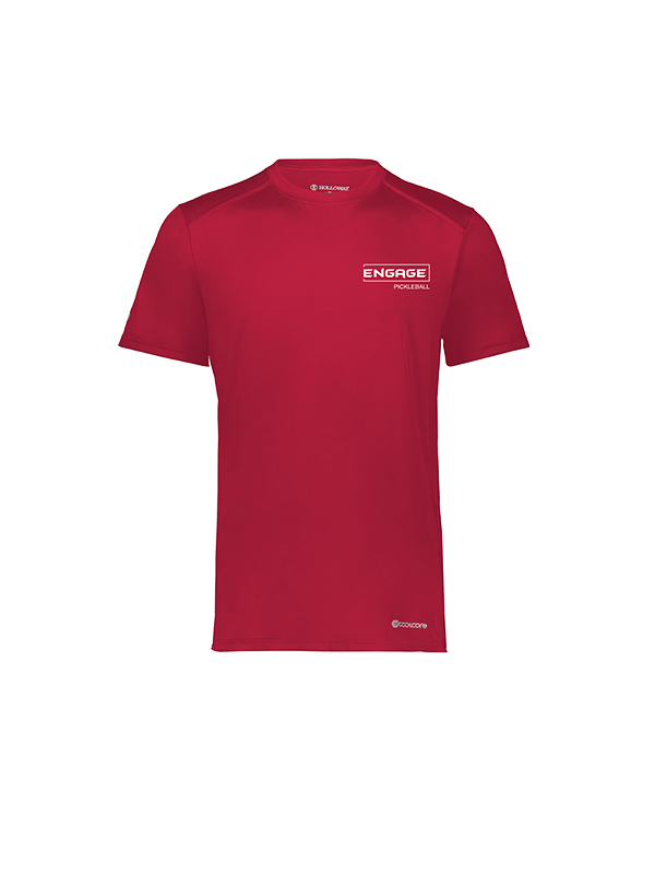 Red men's short-sleeve t-shirt by EngagePickleball with a white 'Engage Pickleball' logo on the left chest, and smaller 'Holloway' and 'coolcore' logos.