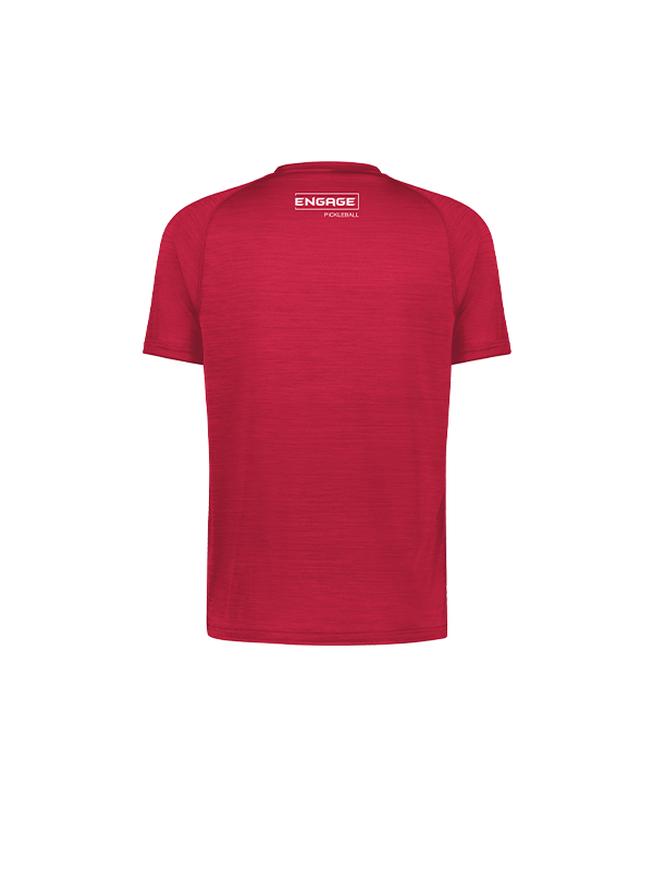 Red heathered men's performance tee by EngagePickleball, back view featuring a white brand logo.