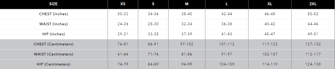 Men's Victory UV Performance Crew sizing chart by EngagePickleball, detailing chest, waist, and hip measurements in inches and centimeters.