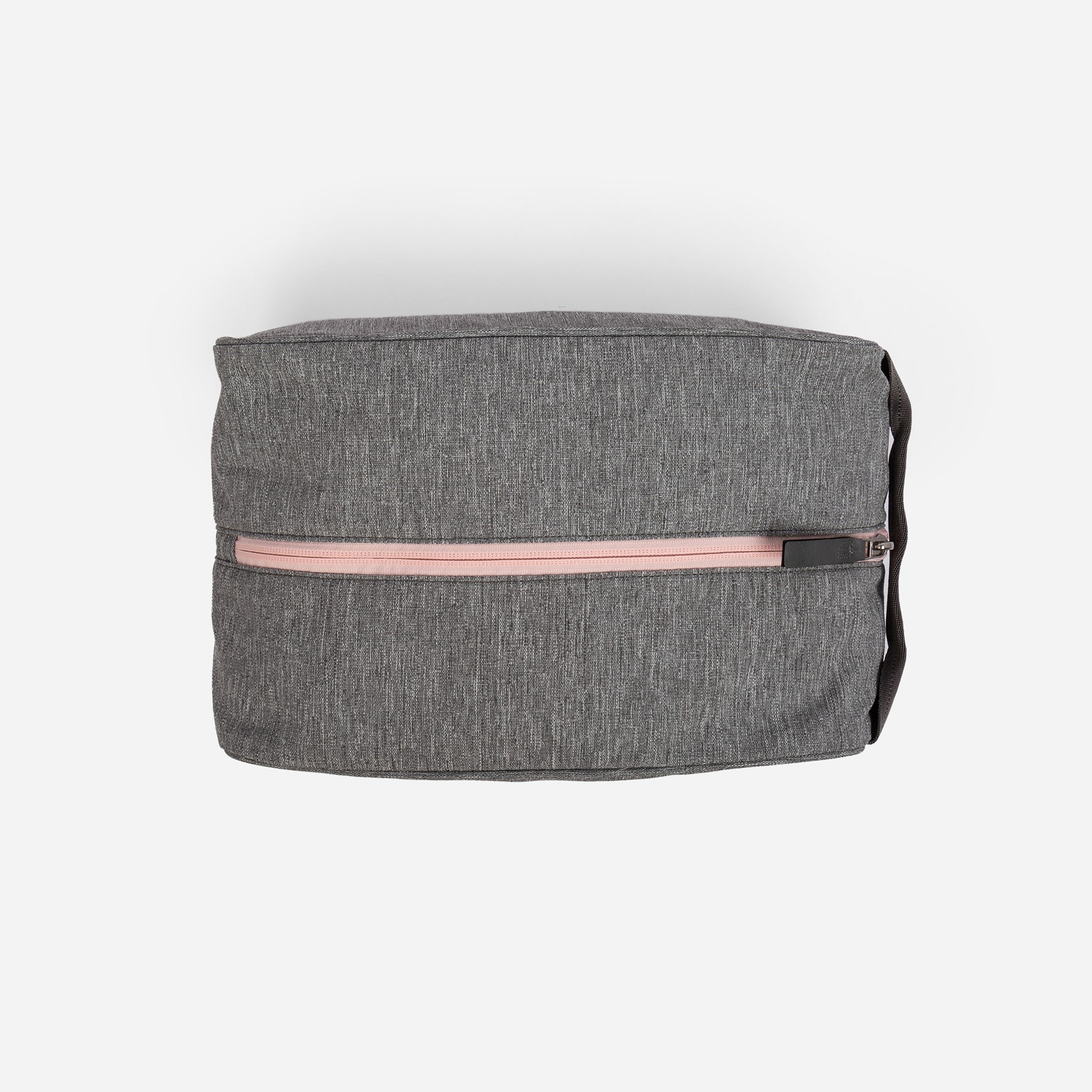 Gray zippered cosmetic bag.