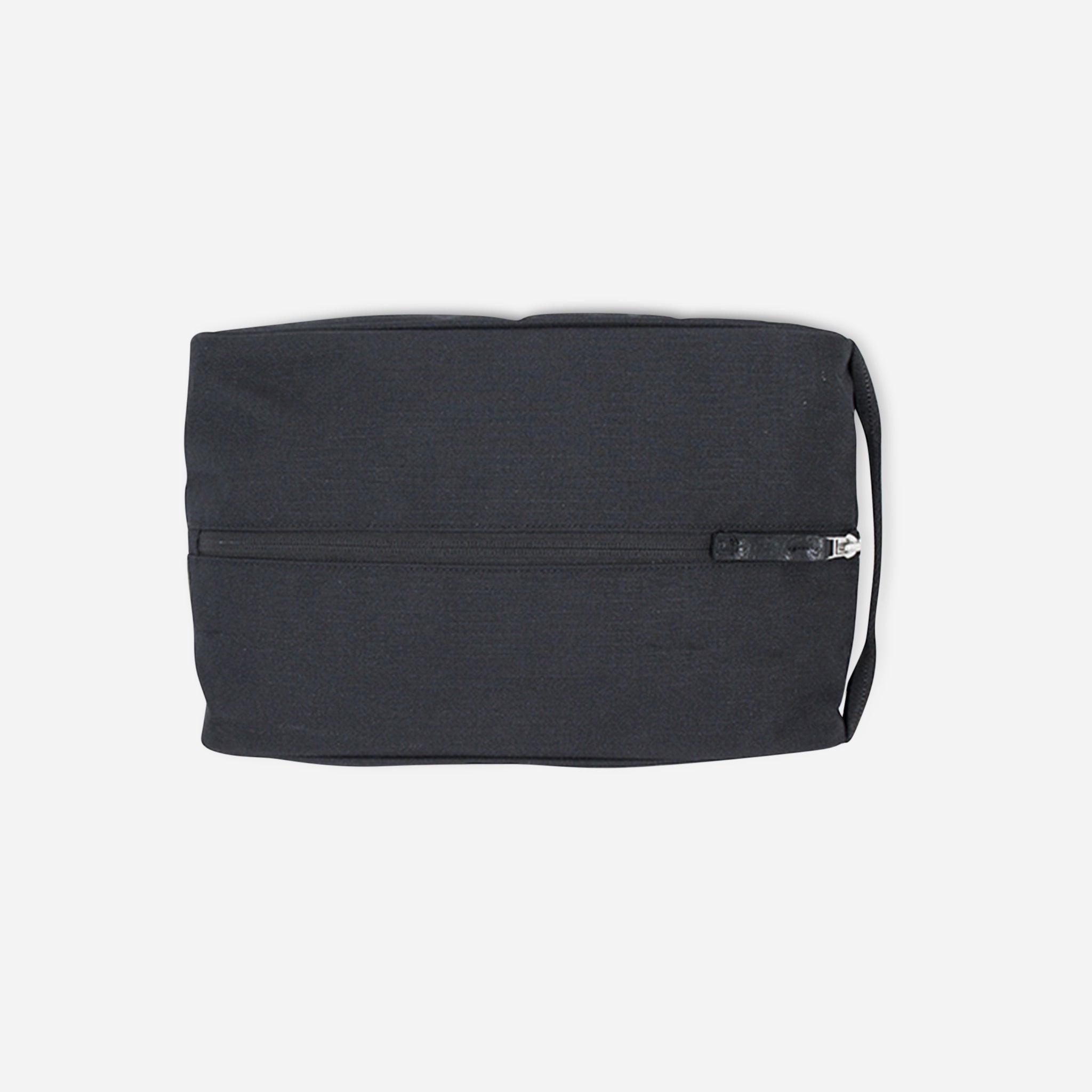 Black toiletry bag with zipper.
