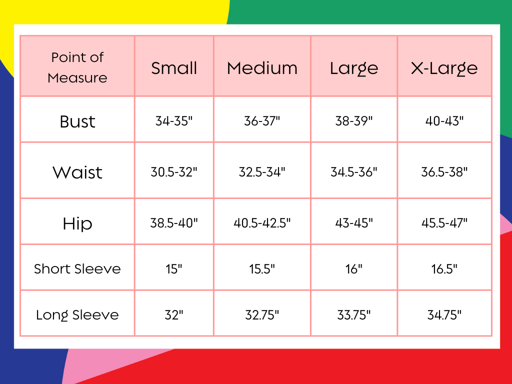 Size chart for a 1/4 zip pullover by Pickleball Bella showing body and sleeve measurements for Small to X-Large sizes.