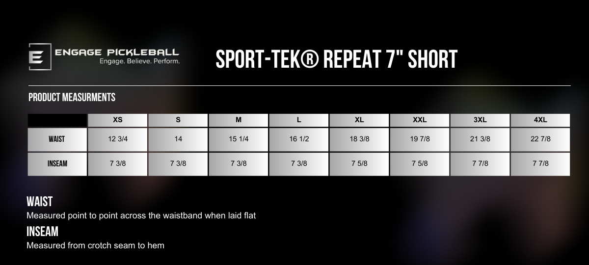 Men's Valor Repeat shorts by EngagePickleball, displayed as a size chart with waist and inseam measurements.