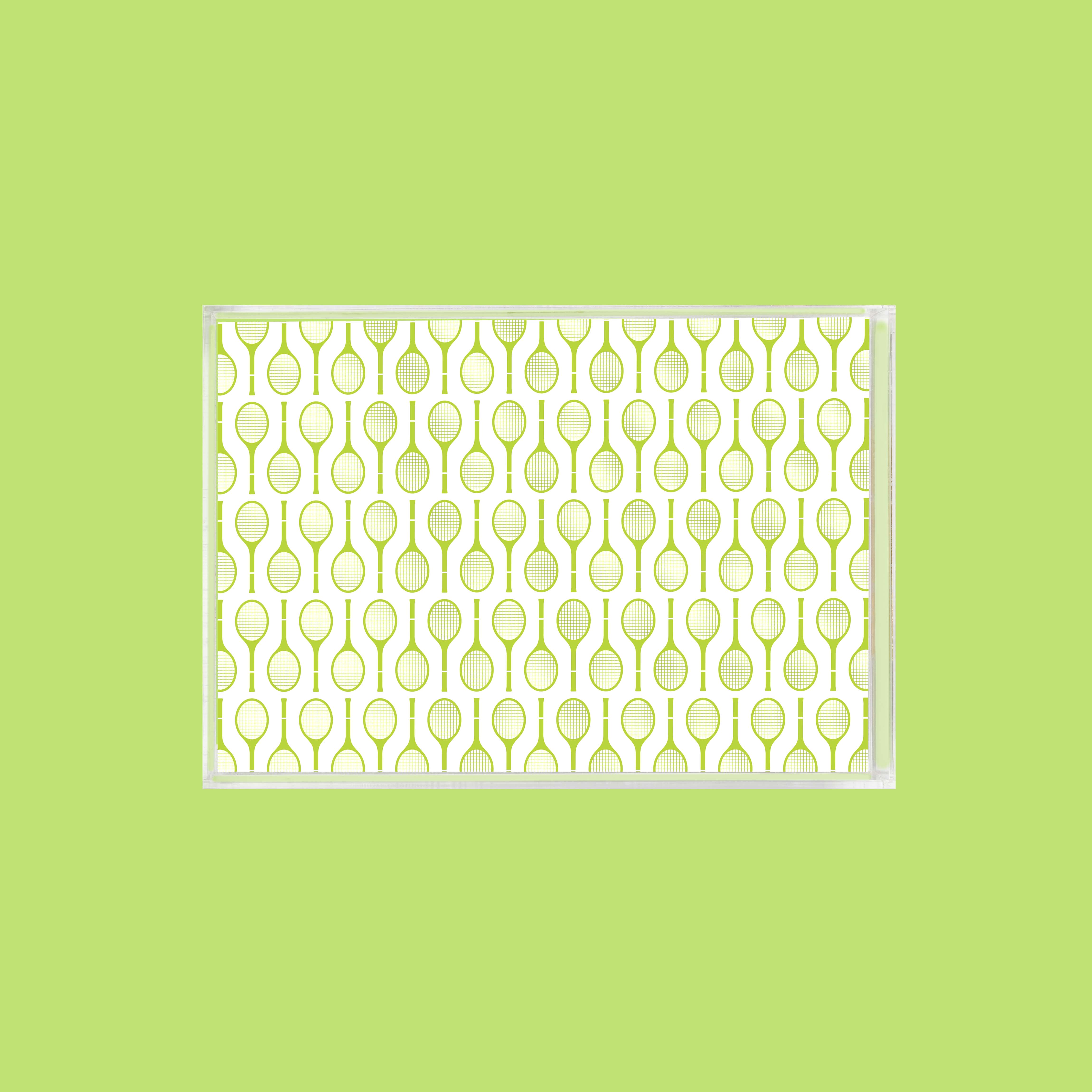 A tray filled with a green and white tennis racket pattern, set against a light green background.