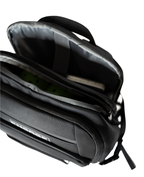 Black textured backpack by EngagePickleball, with an open top compartment revealing a grey interior.