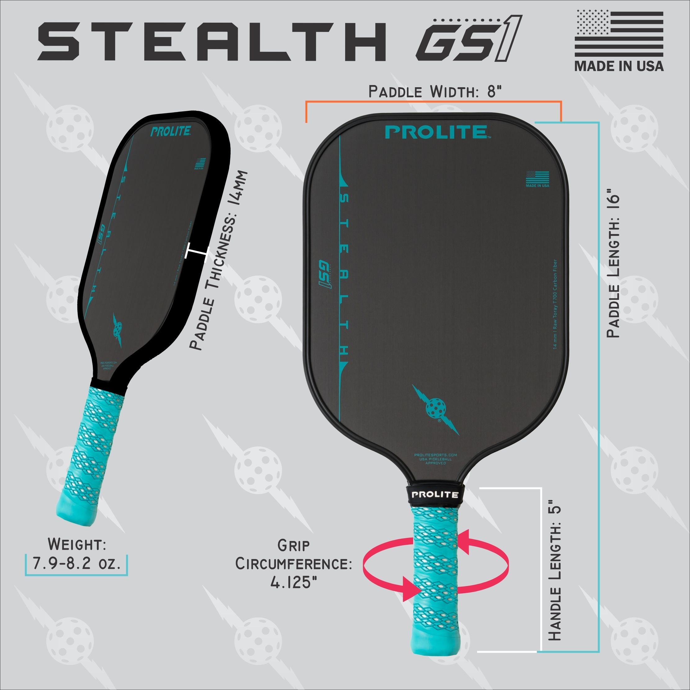 A detailed product shot showcases a gray and black Prolite Stealth GS1 pickleball paddle, highlighting its dimensions, weight, and grip circumference against a gray background with pickleball graphics.