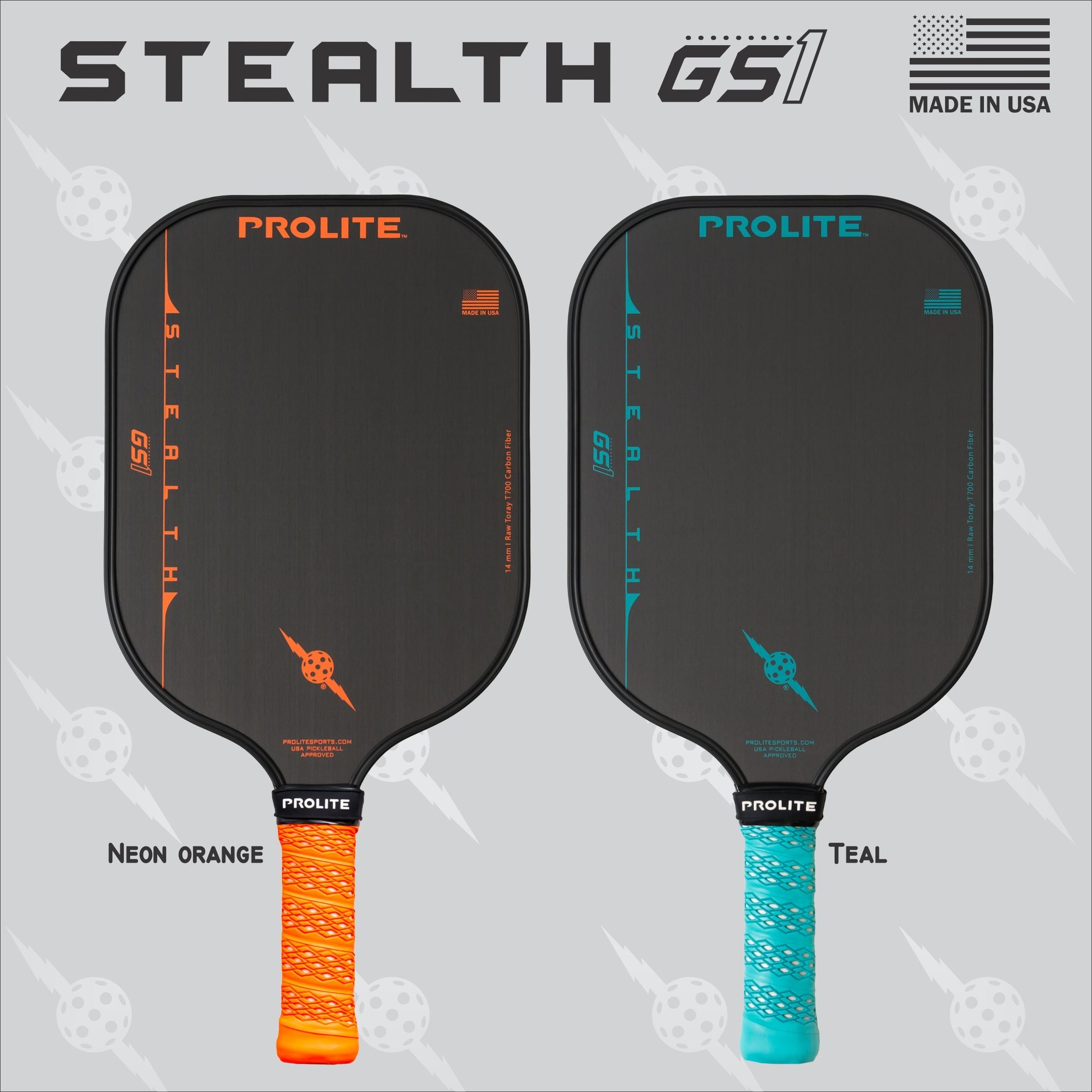 Two pickleball paddles, one with a neon orange handle, and one with a teal handle, both reading "STEALTH GS1" and "PROLITE", labeled with respective colors and "MADE IN USA".