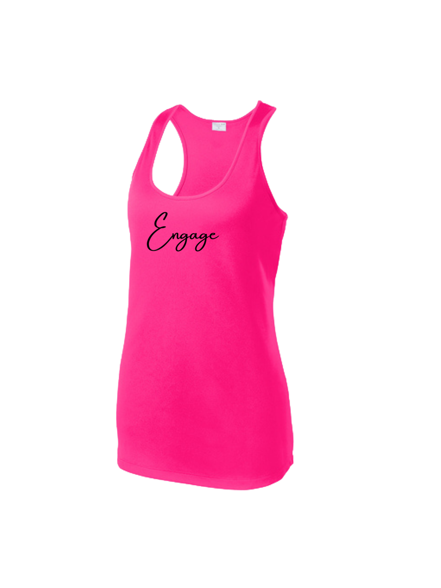 A bright pink women's racer back tank top from EngagePickleball with "Engage" written in black cursive on the front.